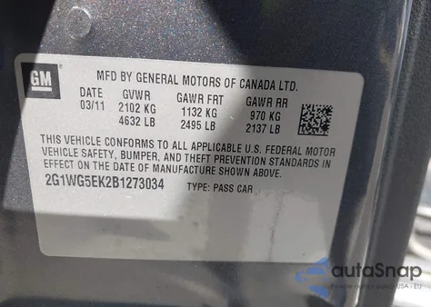 2011 Chevrolet Impala Lt from USA, damaged, VIN 2G1WG5EK2B1273034